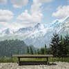 A long seat in front of a beautiful mountain scene in Lushfoil Photography Sim.