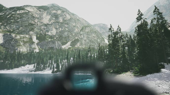 Lift the camera to take a snow lake in the Photography Lushfoil sim.
