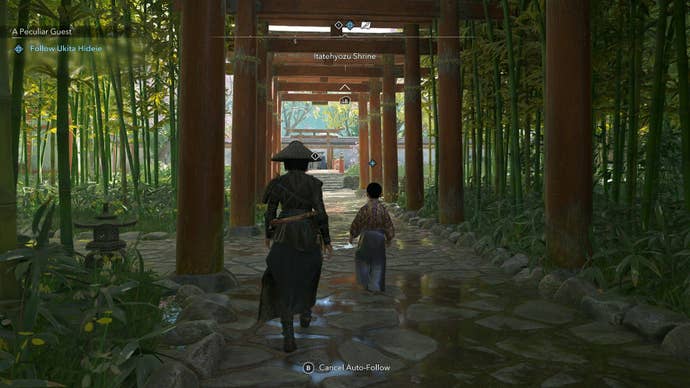 Naoe walked with a young Lord Daimyo through Torii and Tre.