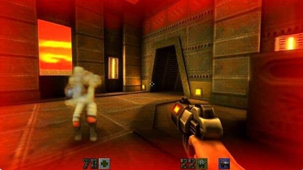A player holds a gun towards a fading person in a poor structure corridor.
