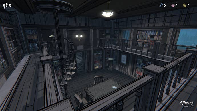 A view from the second level of a library in Blue Prince, displaying a spiral staircase and the tables below