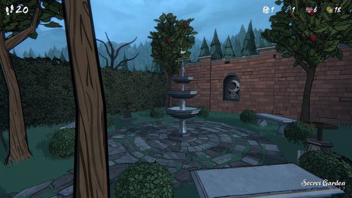A outside garden space with a ranking bird tub and the weather next to a brick in the blue prince