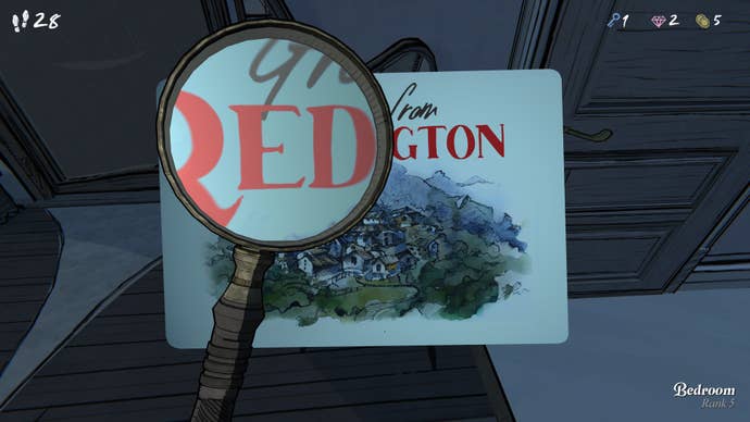 A close -up of a postcard for a town named Reddington, with letters 