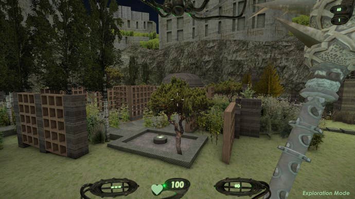 Players hold a mace in a garden of grass and subway.