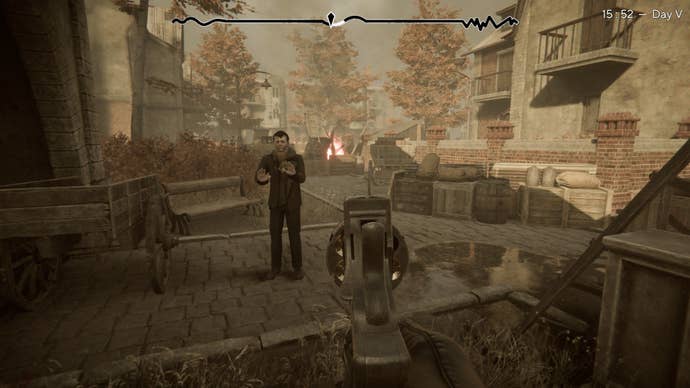 The player pointed only a pistol into a attacker, who reached his hand to respond.