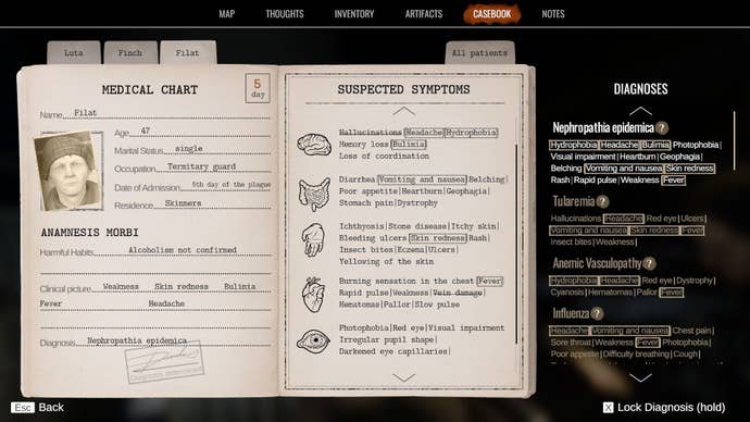 CaSebook allows players to take notes of various symptoms such as fever or vomiting.