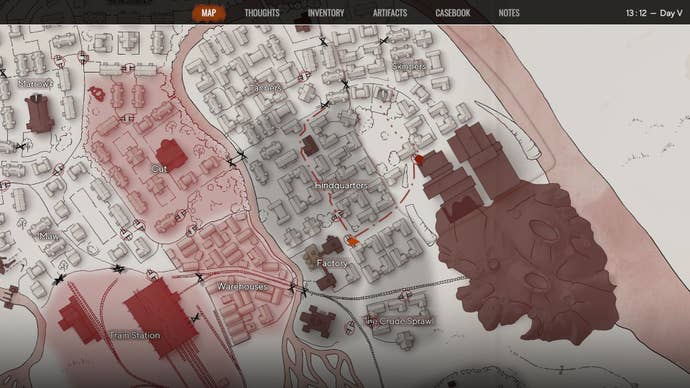 A map of the town shows that districts suffer from red plague.