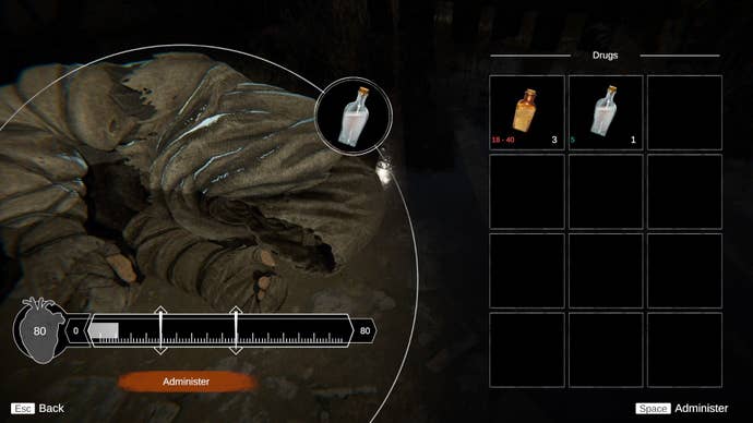 A dead patient lies on the ground because the menu allows players to manage morphine.