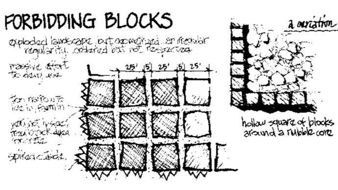 A diagram of a surface -level architecture that can mark a place of nuclear waste treatment, published in a report from the US National Laboratory Sandia in 1992. It looks like a landscape of the landscape 