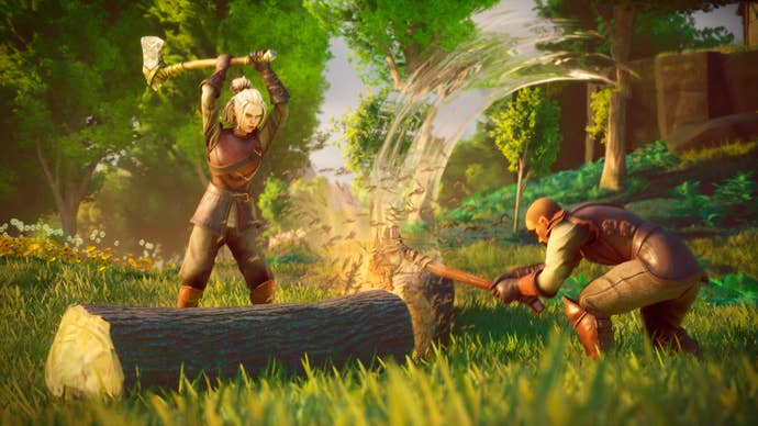 Two players cut wood in Runescape: Dragonwilds