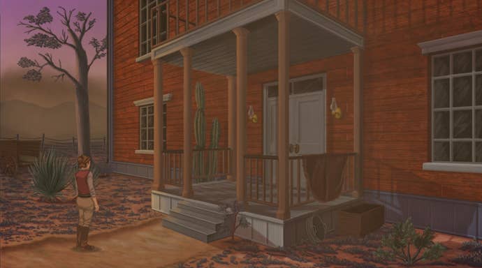 The main character stands outside a dusty house in Rosewater.