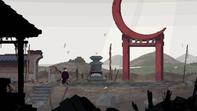 The player revived next to a red gate with a towering sickle on it.