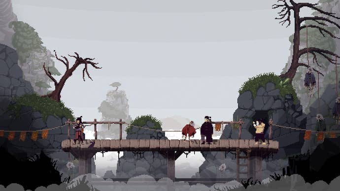 The enemy surrounded the hero on the bridge among the misty rocks.