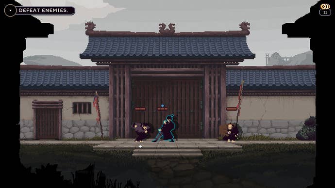 Players fight with some thugs outside a closed gate under the gloomy sky.