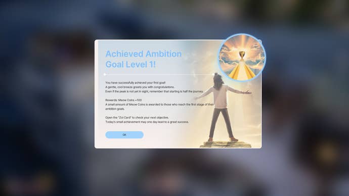 A menu announcing that you have achieved the ambition of level 1 in inzoi.