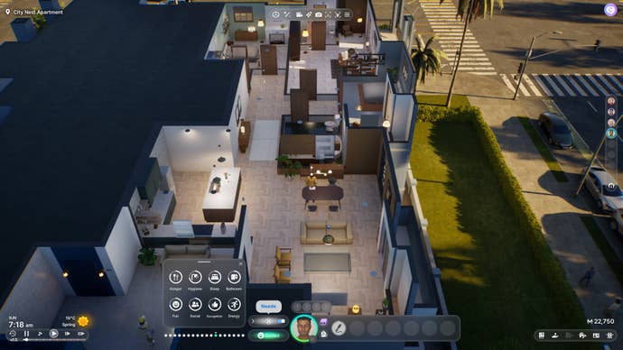 A top look of a modern house, where a character sitting at the kitchen table in Inzoi.