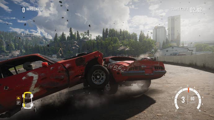 An opponent crashed the player's rear bumper, sending debris everywhere.