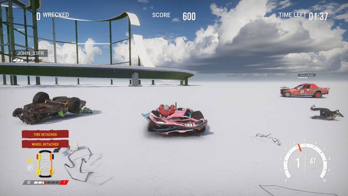 The player's car is crushed in a space like a white space.
