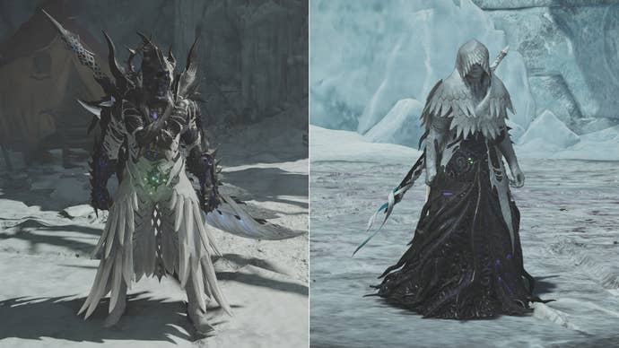 The Zoh Shia high -class armor from Monster Hunter Wilds - they look like a mixture of black and white fabrics.