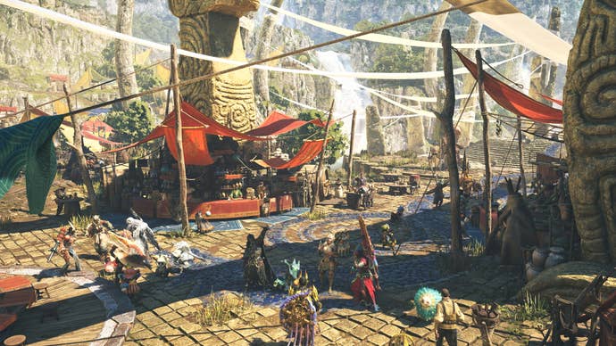 The Grand Hub area in Monster Hunter Wilds - a colored stone stele and colorful tent with lots of players around.