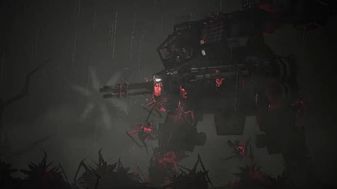 A mech was hidden in the smoke and tried to support a planet in the planet.
