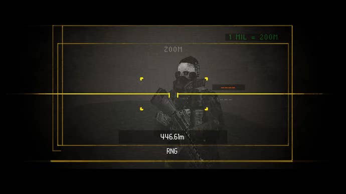 A masked enemy is seen through the future binoculars.