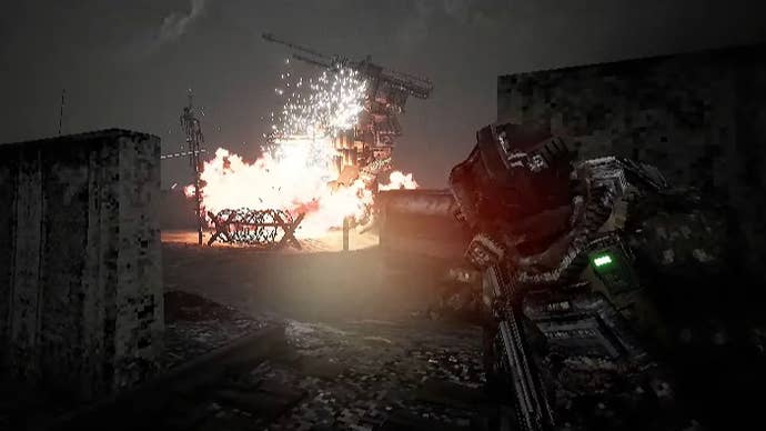 An explosion submerged a mech when the player hid behind the cover.