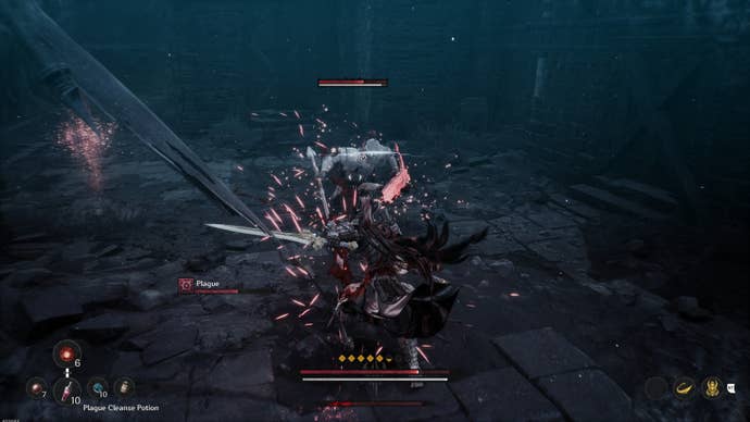 Players and an enemy's clash, sending sparks from their weapons.