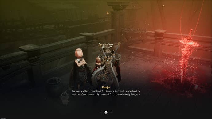Players talk to a character wearing a jar for a head, called Danjin.
