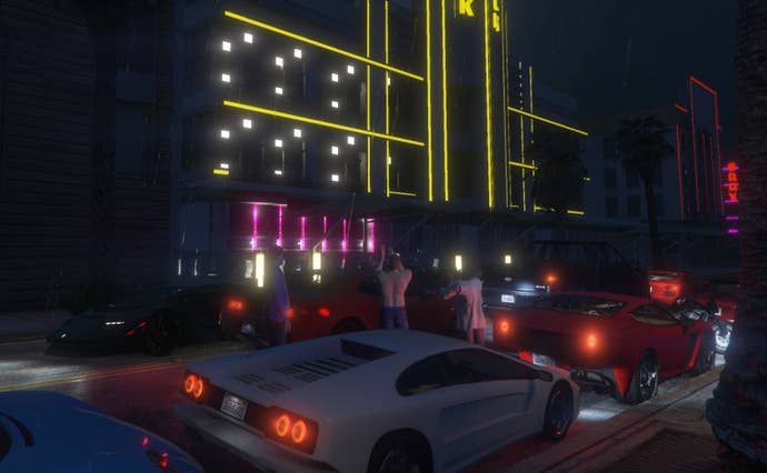 A white car drove through a Neon nightclub between traffic crowds and other pedestrians, from the GTA 6 Mod Vice Project for GTA 5.