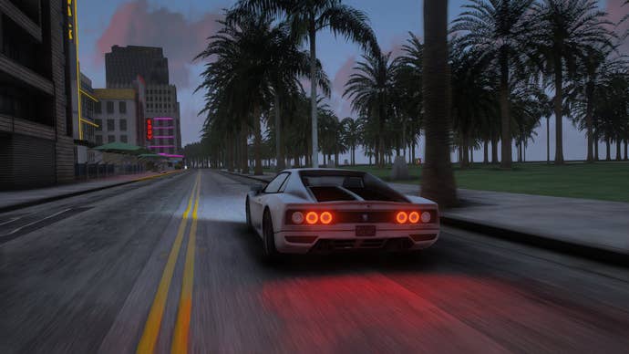 A car driving along a shady road at night with a red taillight can be seen in the GTA 6 Project Mod project for GTA 5