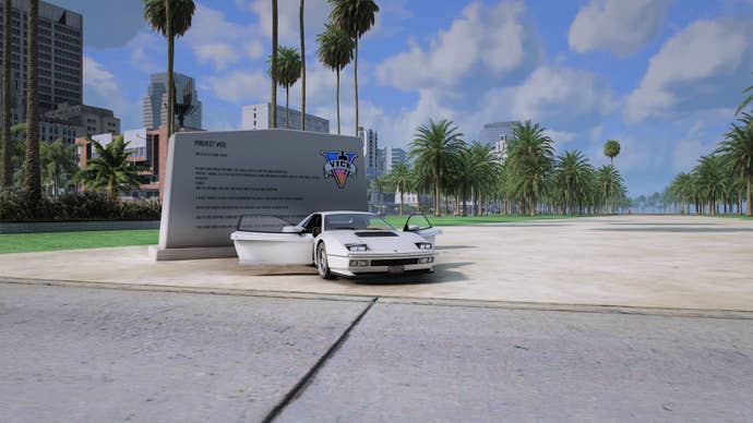 A white car parked near the palm tree by a sign in the GTA 6 Mod project for GTA 5.