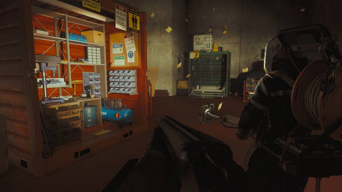 A dark office with fire shelves
