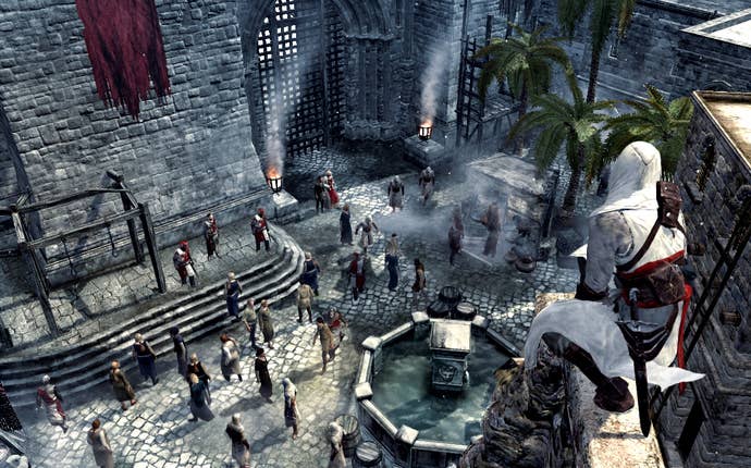 A assassin in a white hood overlooked from a crowd on the crowd of the city in Assassin's Creed