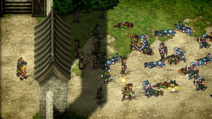 A battle outside a city in Sukoden 2.