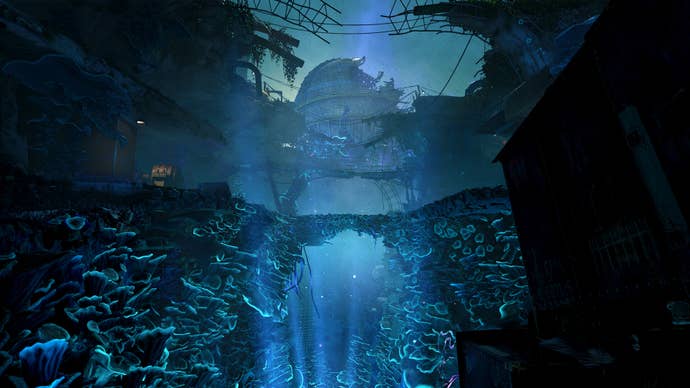 A block filled with bright green mushrooms under a dome is immersed in Atomfall