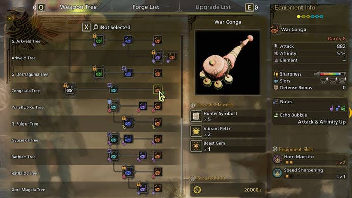 The weapon screen in Monster Hunter Wilds, with War Conga was chosen in a weapon tree.