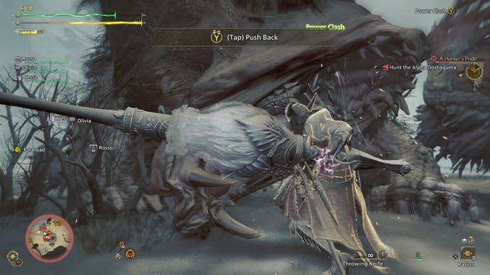 A hunter with a shield and Lance fought with a Doshaguma in a powerful clash in Monster Hunter Wilds.
