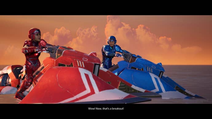 Mio and Zoe rest on Jetskis while wearing science fiction armor.