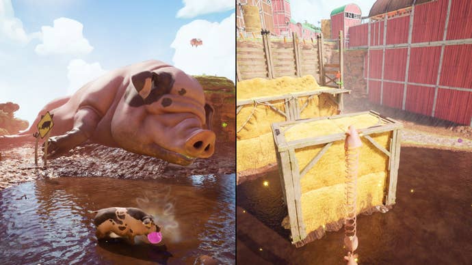 Two players are pigs, players on the left are watching a huge sleep while the body of the player on the right is rolled like a spring.