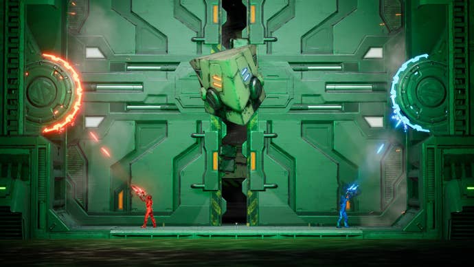 Two players shot red and blue gears to close a door on the top of the large robot.