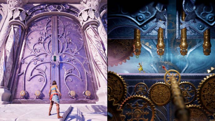 The player on the left look at a giant elaborate door while the player on the right of the toy with the locking mechanism as a fairy is narrowed.