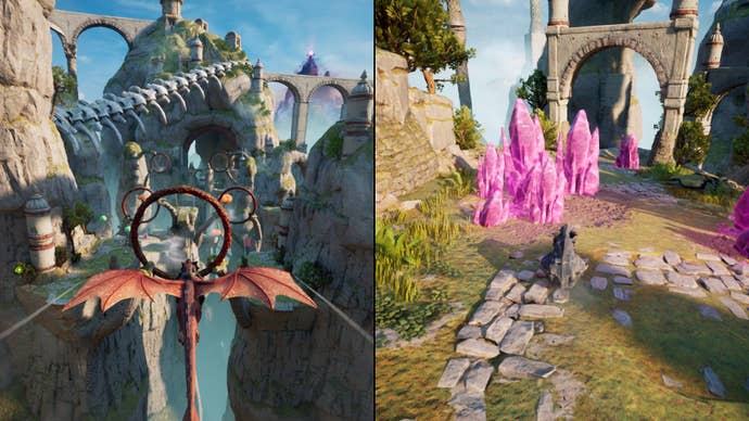 Mio rode a red dragon gliding in the sky when Zoe's dragon rolled along the crystal broken ground.