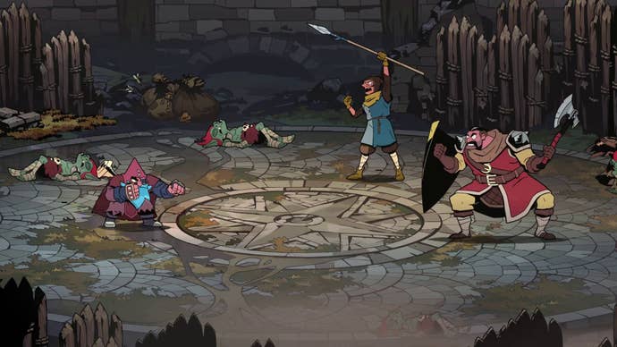 Two soldiers in the Middle Ages were preparing to attack Karl in a Palisade arena.