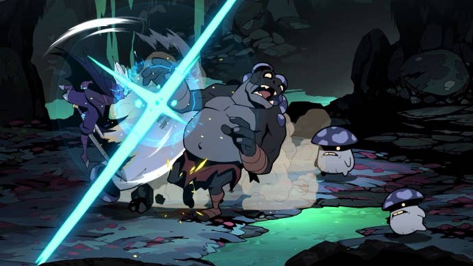 Galandra slapped a huge goblin in a cave with an air attack, Ogre reacted in pain and dizziness.