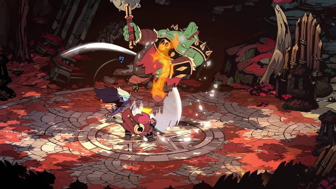 Two players attacked a goblin championship together in a fiery combo to raise the boss out of the ground.