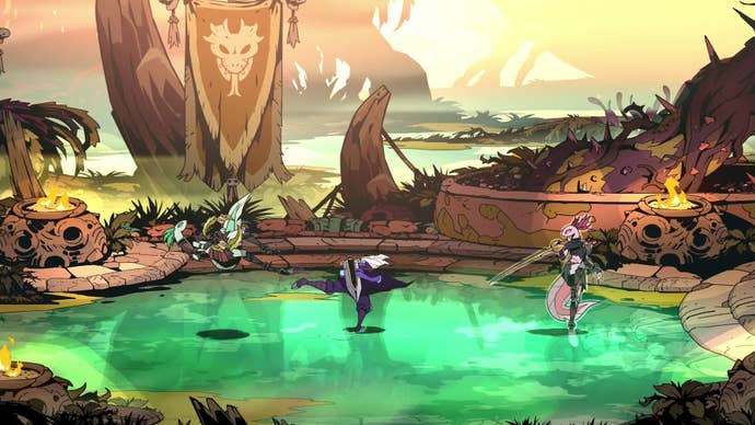 Galandra kicked an enemy on a blue and crystal surface, while another enemy was waiting.