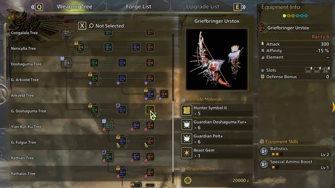 The weapon screen in Monster Hunter Wilds, with the sadness of Urstox was chosen in weapons.