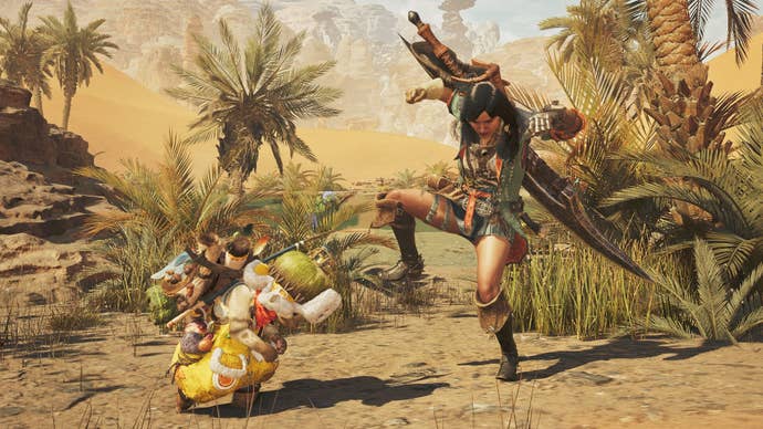 A character gesture can download for Monster Hunter Wilds, showing a female hunter with a sword and her cat friend of her legs.