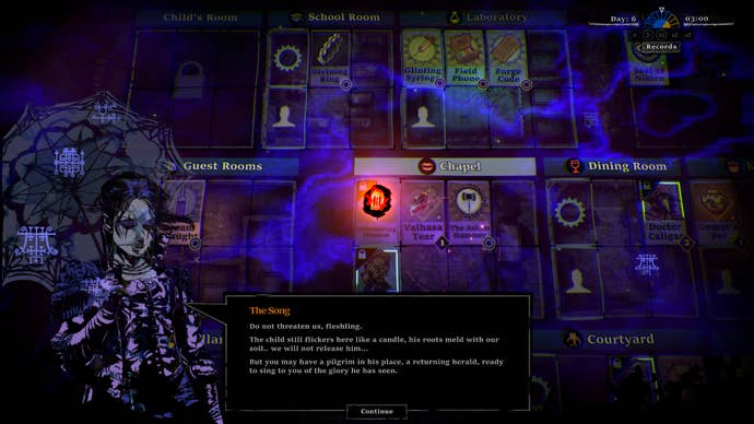 A screenshot of horror at Highrook, showing a design style of the home layout with cards representing characters and items, plus some mysterious effects. At the front, a spectral entity is talking about a missing child.